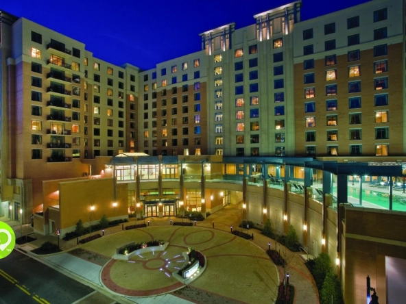Club Wyndham National Harbor at dusk, a resort near Washington D.C.