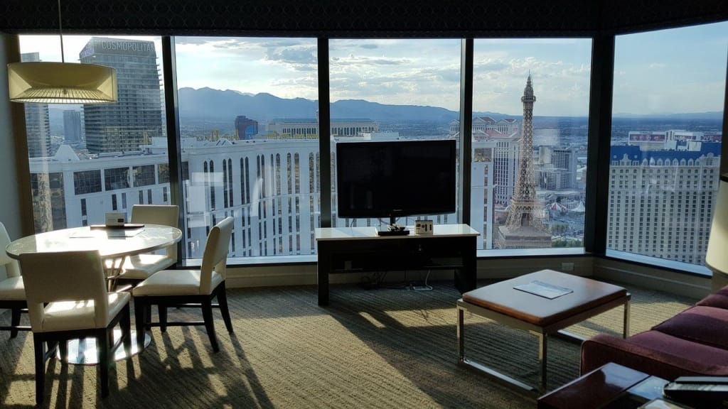 Hilton timeshare Las Vegas suite at Elara with floor-to-ceiling Strip views