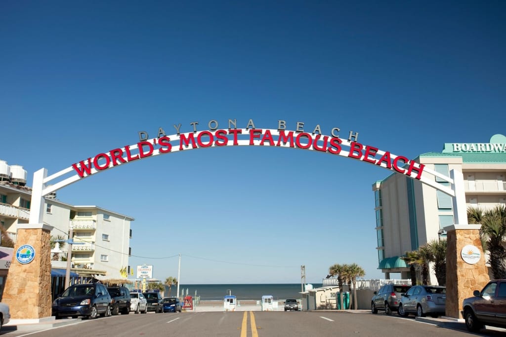 World's Most Famous Beach archway sign over the beach approach road in Daytona Beach, Florida