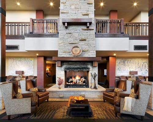 hotel lobby with fireplace