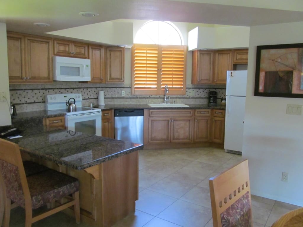 Villa kitchen at Hyatt Vacation Club at The Welk, a timeshare rental for a vacation on a budget