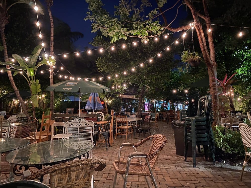Lagniappe's backyard garden lit with string lights
