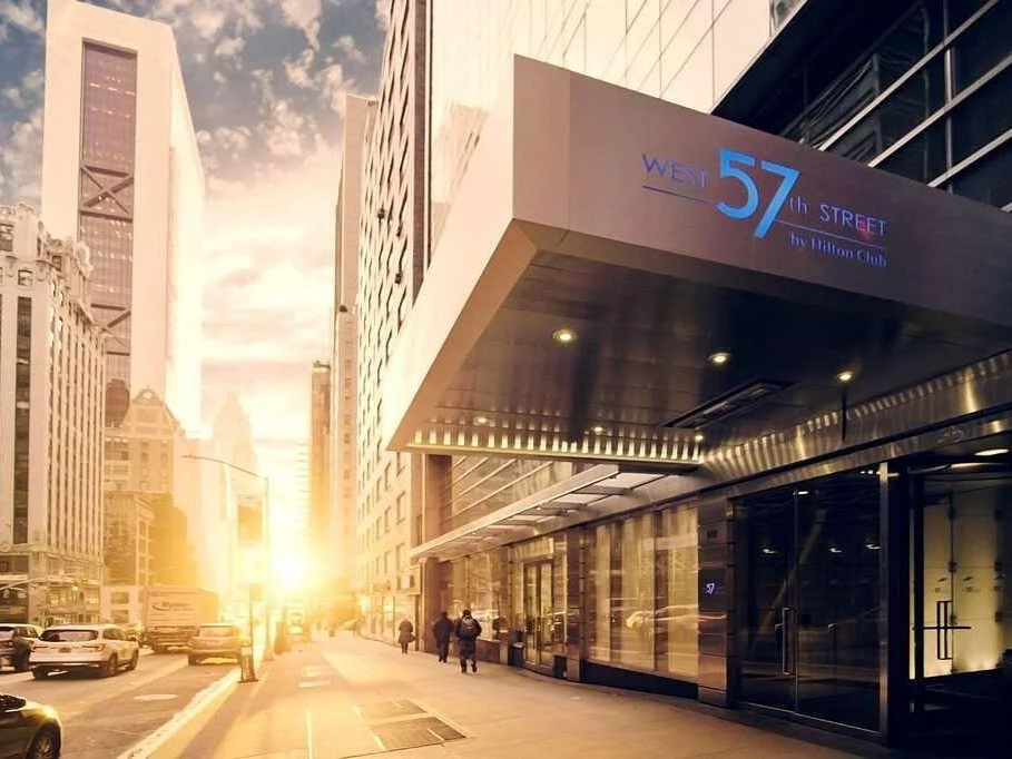 Entrance of West 57th Street, a Hilton Club, one of the timeshares New York City offers