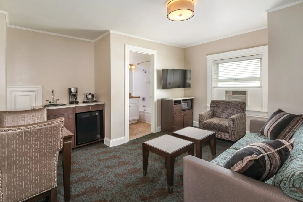Living area at WorldMark San Francisco, a timeshare rental for a vacation on a budget