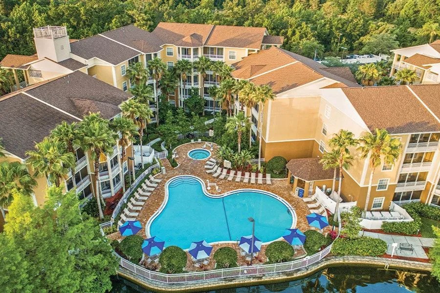 Aerial view of the pool at Club Wyndham Cypress Palms, one of Kissimmee's eco-friendly resorts
