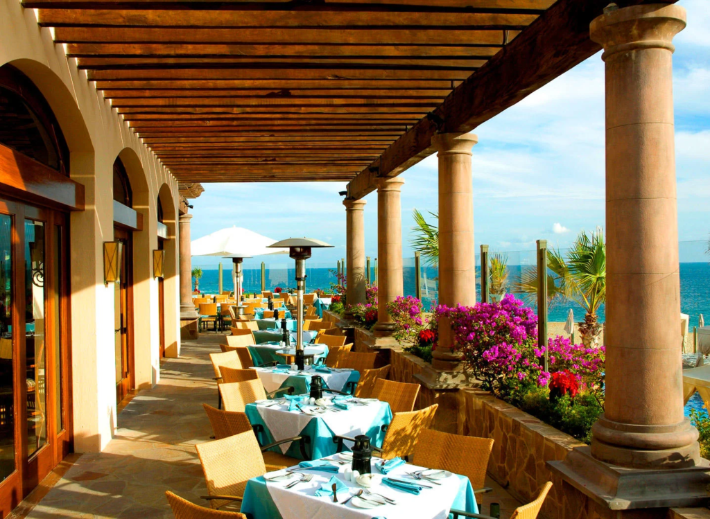 Ocean-view terrace restaurant at Pueblo Bonito Sunset Beach
