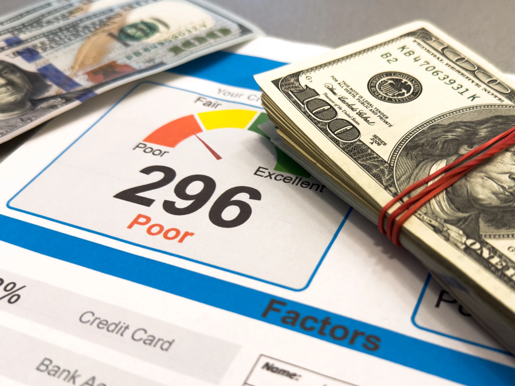 A poor credit score of 296 on a report next to a stack of cash, affected by not paying timeshare maintenance fees.