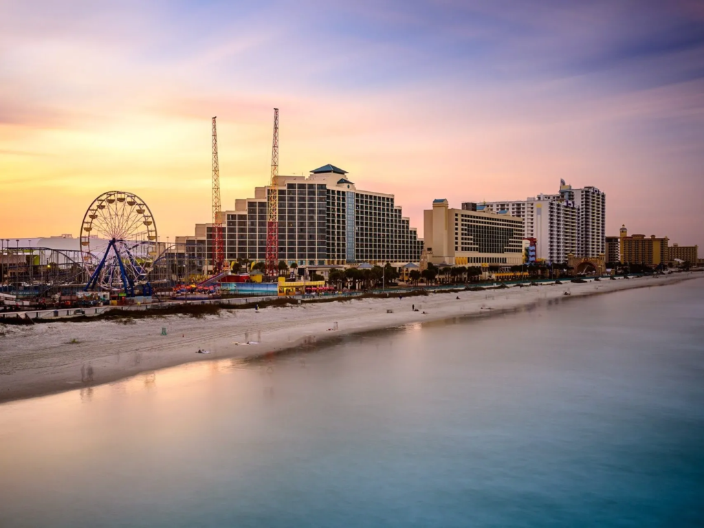 Daytona Beach Boardwalk Ferris wheel at sunset near Grand Seas Resort