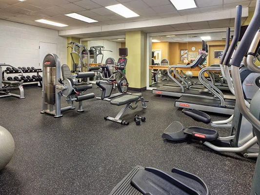 Well-equipped fitness center with treadmills, elliptical machines, and free weights for guests at the Harbour Lights resort.