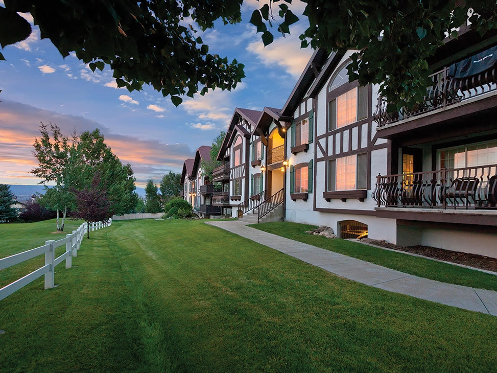Tudor-style resort buildings at Midway Resort, a key location when evaluating the Pros and Cons of Wyndham Timeshare.