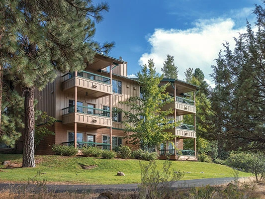 Rustic wooden exterior of Running Y Resort nestled among tall pine trees.