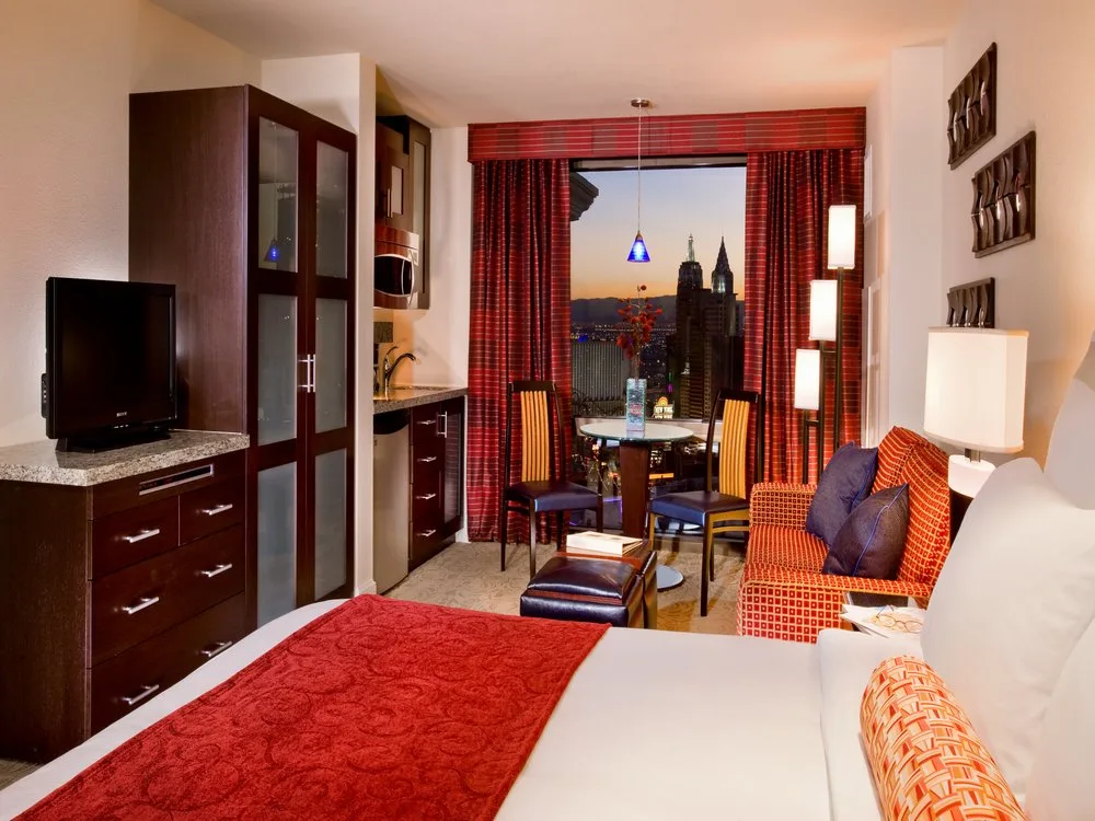 Studio suite with kitchenette and Las Vegas view at Marriott's Grand Chateau, a Marriott timeshare points chart resort.
