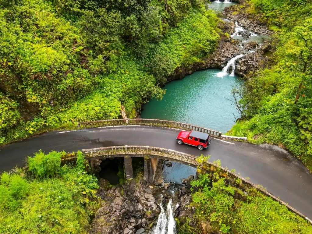 Stone bridge and waterfalls on Maui's Road to Hana