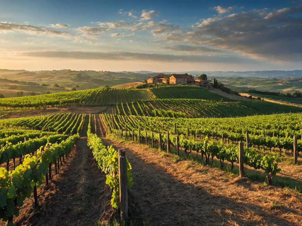 Rows of grapevines on rolling Tuscan hills frame a stone farmhouse, perfect for Romantic Getaways at golden hour.