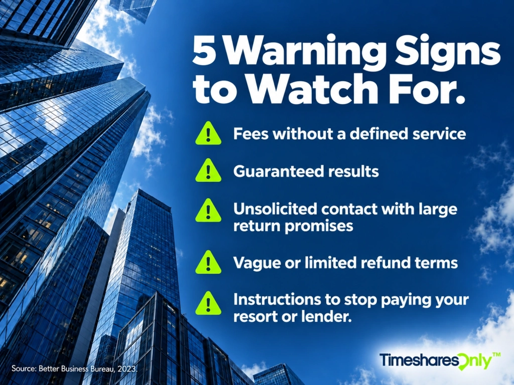 Blue skyscraper infographic listing five warning signs: undefined services, guaranteed results, unsolicited promises of large returns, vague refund terms, and instructions to stop paying a resort or lender. Comparing Your Timeshare Options