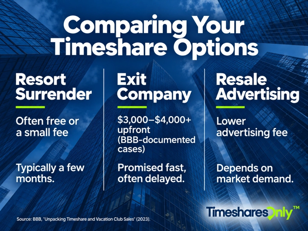 Three-column infographic comparing resort surrender, an exit company, and resale advertising by typical cost and timeline. Resort surrender may be free or inexpensive; exit companies may charge $3,000–$4,000 or more upfront; resale depends on market demand.