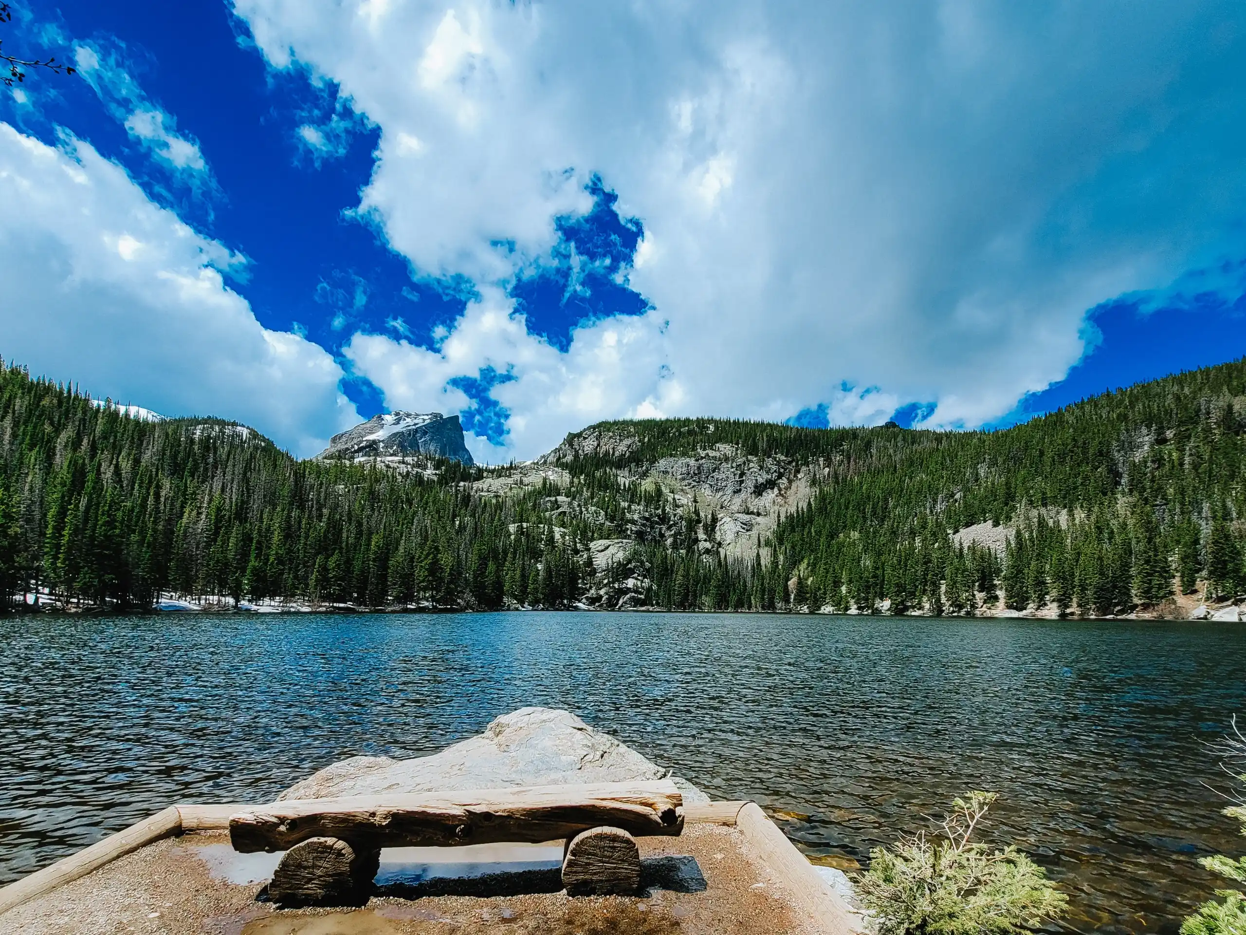 Rustic log bench at one of the best national parks, overlooking a calm alpine lake with evergreen forest and rocky peaks.