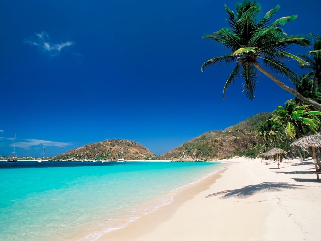 Turquoise Caribbean bay with sailboats ideal for Festiva sailing vacations, white sand beach, palm trees, and a lush green hillside.