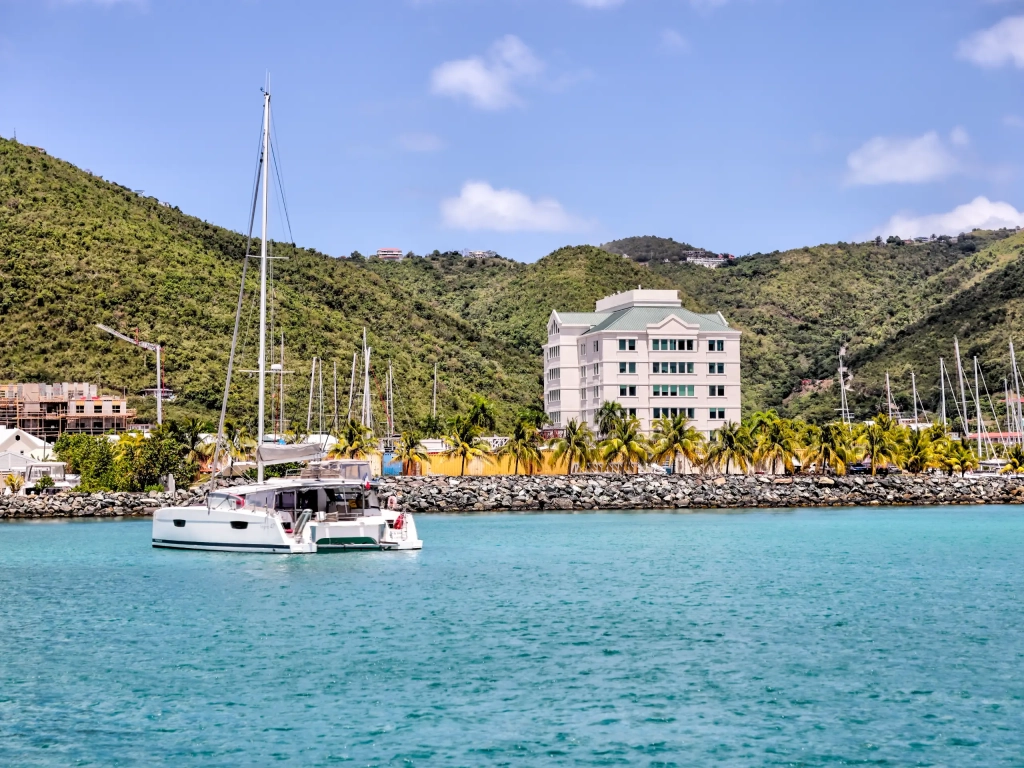 White catamaran on turquoise Caribbean water, perfect for festiva sailing vacations, with palm trees and green hills behind.