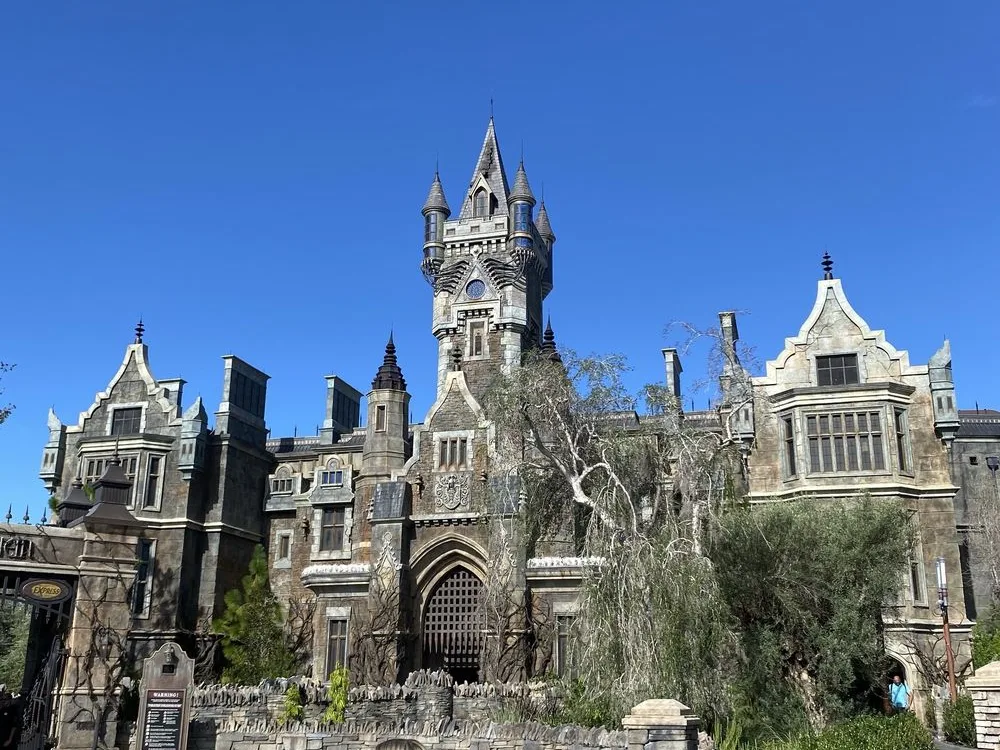 Gothic stone castle with tall central tower, pointed turrets, arched entryway, and gnarled trees under a clear blue sky.