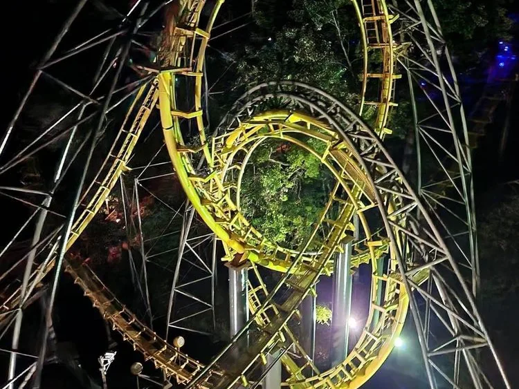 A yellow steel roller coaster with a vertical loop at night, a staple of the best theme parks in the world.