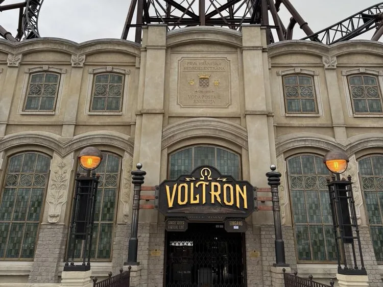 Voltron Nevera’s ornate stone facade and glowing lanterns at Europa-Park, one of the best theme parks in the world.