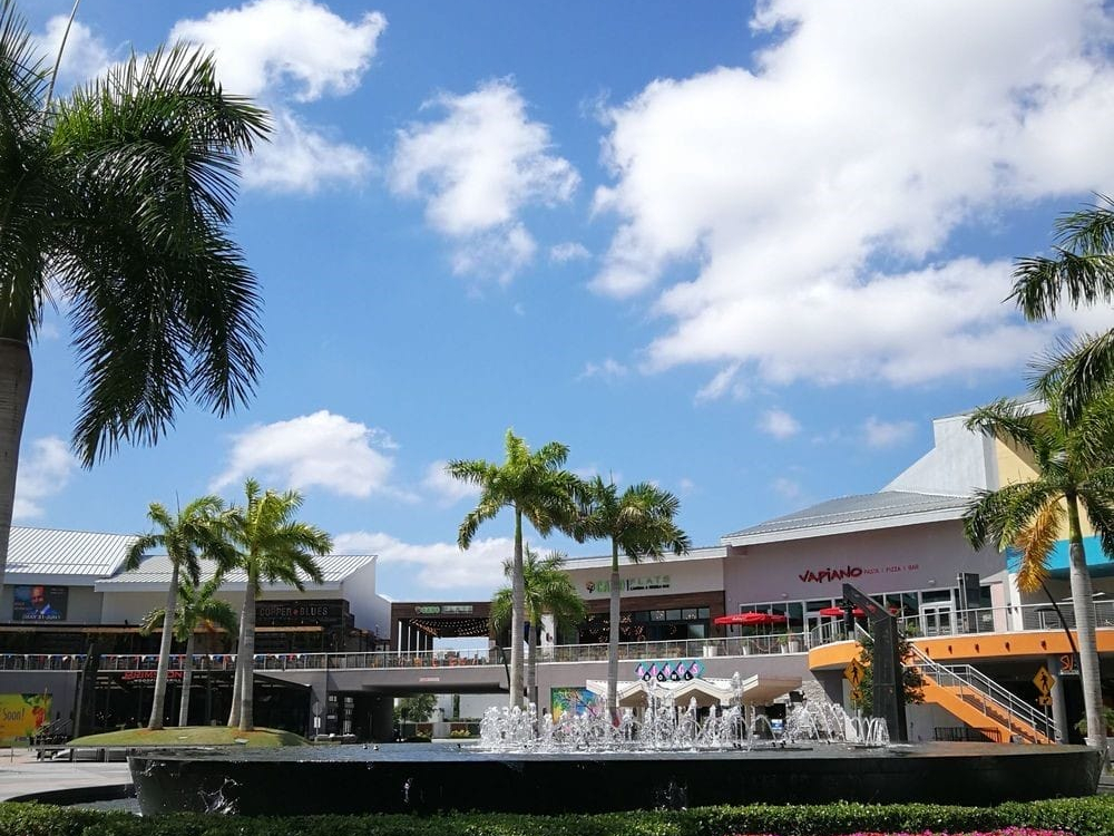 Fountain and palm trees in the CityPlace Doral plaza