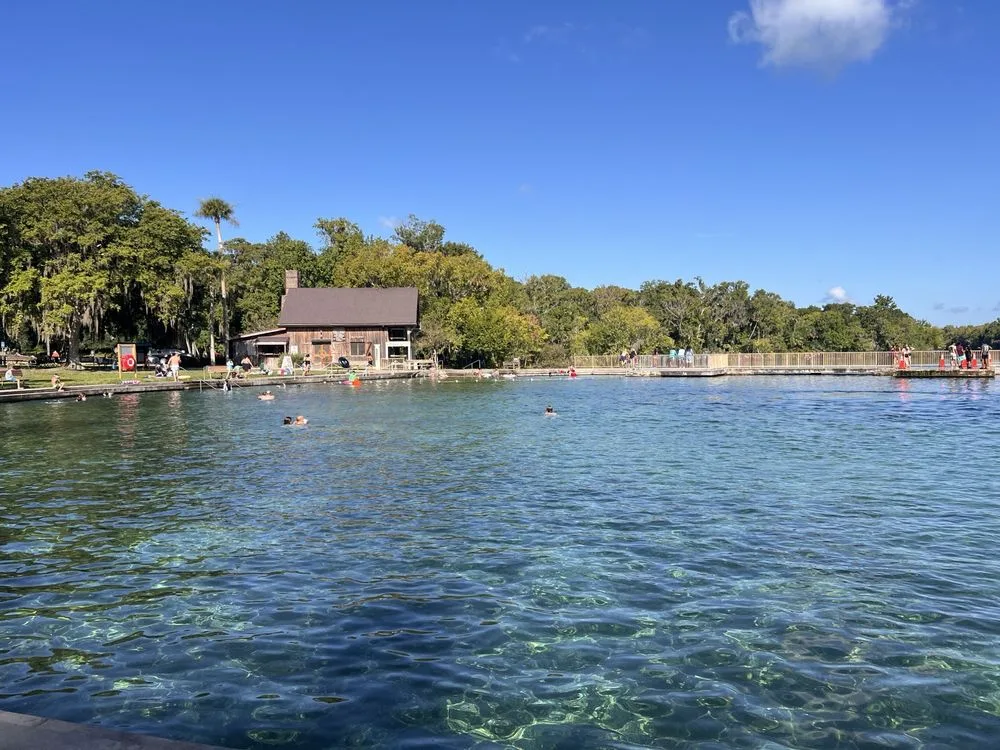 Swimmers enjoying a clear natural spring on day trips from Orlando, with wooden fencing, a rustic lodge, and tall trees behind.