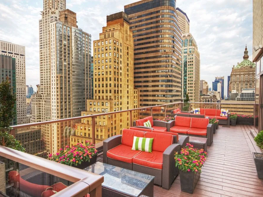 Outdoor terrace seating at Club Wyndham Midtown 45, one of the timeshares New York has to offer