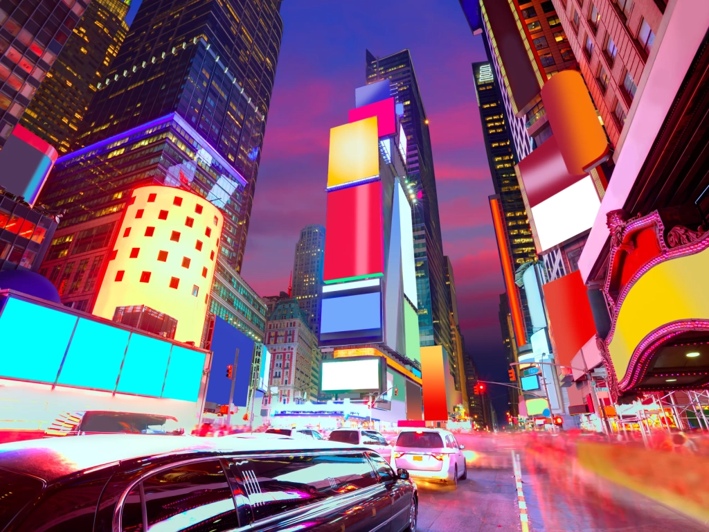 Times Square at night, about half a mile from some of the timeshares New York has to offer