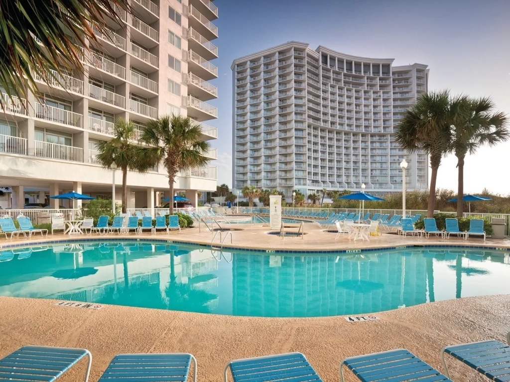 Millennials and timeshare: pool deck below the towers at Wyndham SeaWatch Plantation in Myrtle Beach